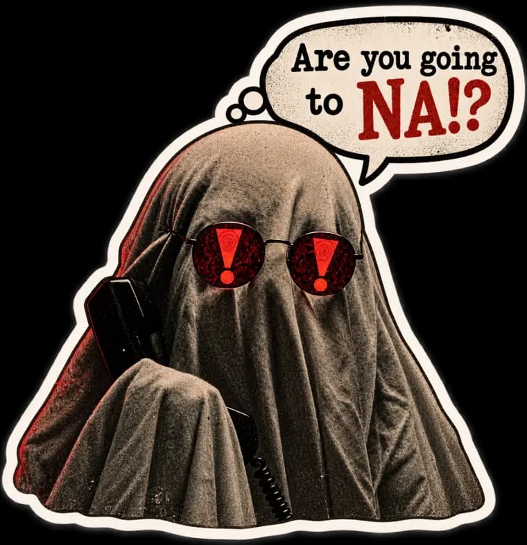 Die-cut sticker of a ghost in red sunglasses on a rotary phone, asking: Are you going to NA!?